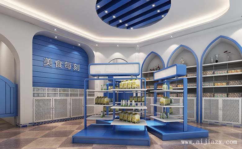 藍白色的食品專賣店鋪櫥窗區(qū)裝修效果圖